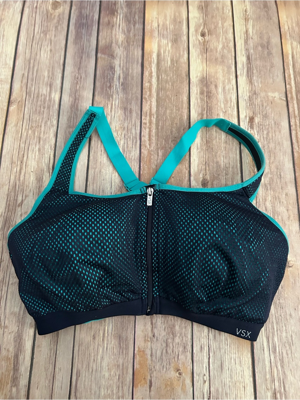 VSX Teal & Black Front-Zip Sports Bra | Size 36DD